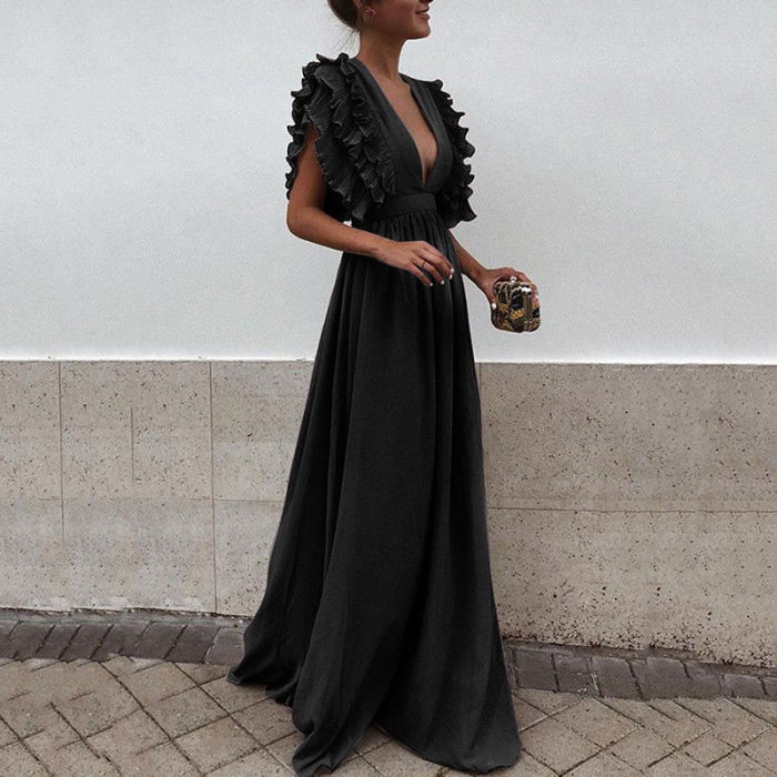 Women Deep V-Neck Elegant Flying Sleeves Backless Maxi Evening Dress