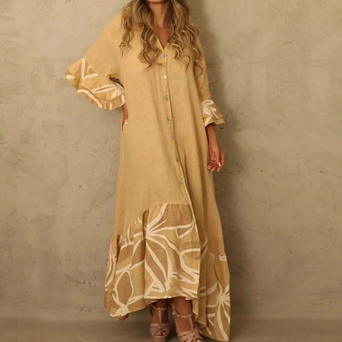 Women Elegant Fashion Lapel Neck Printing Half sleeves Maxi Dress