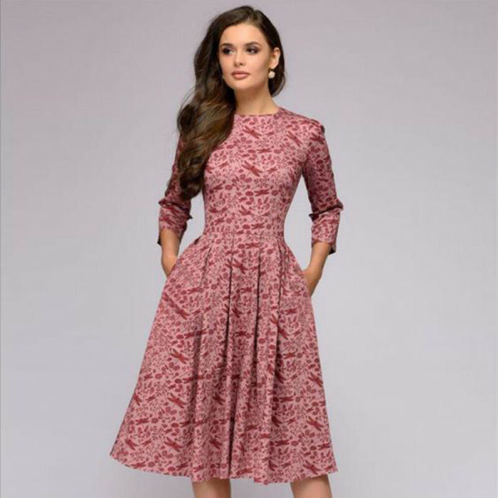 Women Elegant Tunic Floral Print 1950 Vintage Dresses