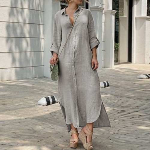 Women's Elegant Lapel Oversize Casual Cotton Linen Solid Color Maxi Dress