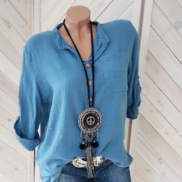 Women Cotton Linen Casual Long Sleeve Button V Neck Loose Shirt