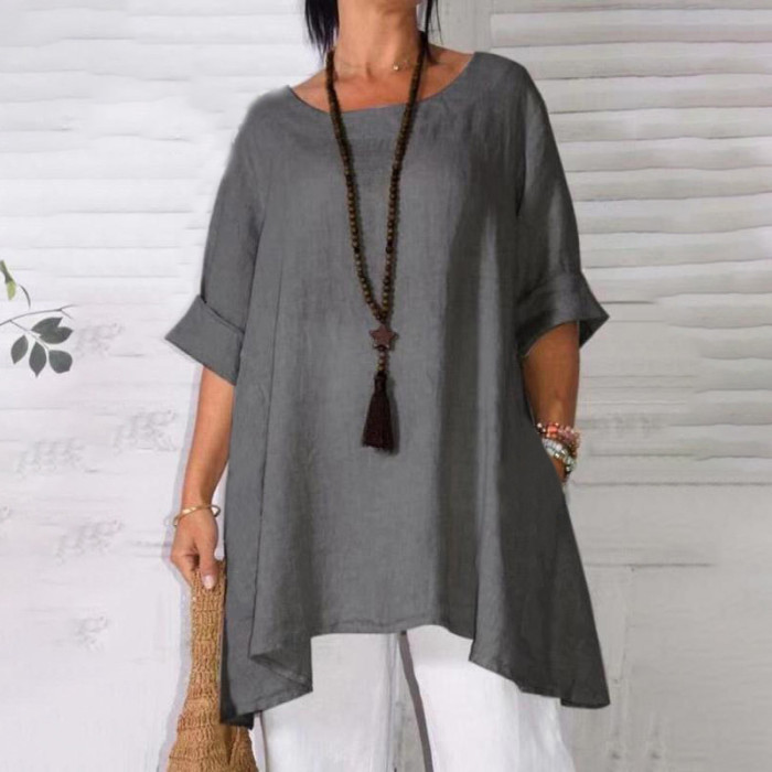 Women Long Sleeve O Neck Loose Oversized Solid Casual Cotton Linen Blouse