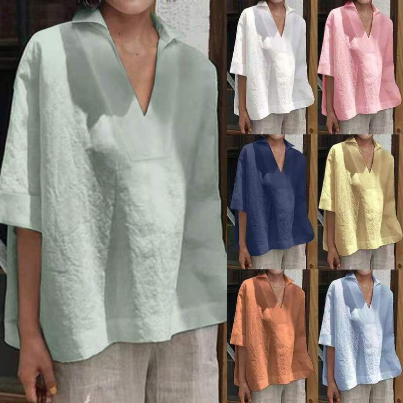 Women's V-neck Short Sleeve Loose Casual Fashion Cotton Linen Oversize Blouse