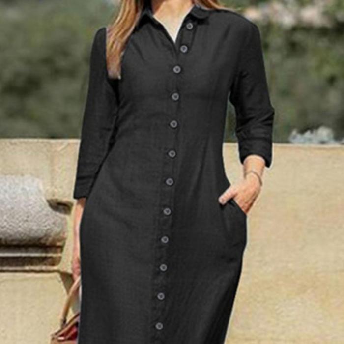 Women Fashion Casual Lapel Long Sleeve Solid Color Maxi Dress