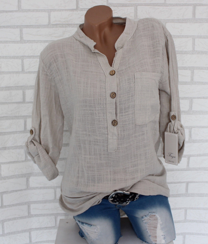 Women Cotton Linen Casual Long Sleeve Button V Neck Loose Shirt