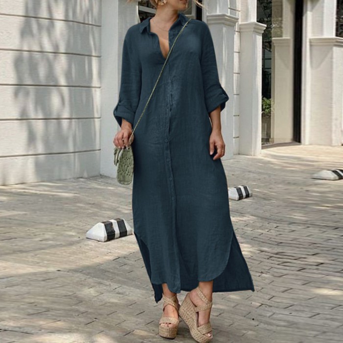 Women's Elegant Lapel Oversize Casual Cotton Linen Solid Color Maxi Dress