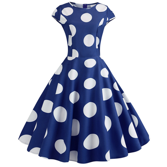 Women Evening Party Prom Polka Dot Printed Elegant Short Sleeve 1950 Vintage Dress