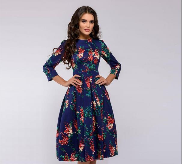 Women Elegant Tunic Floral Print 1950 Vintage Dresses