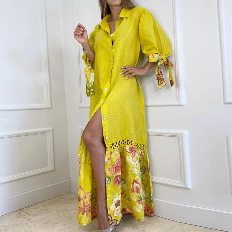 Women Elegant Fashion Lapel Neck Printing Half sleeves Maxi Dress
