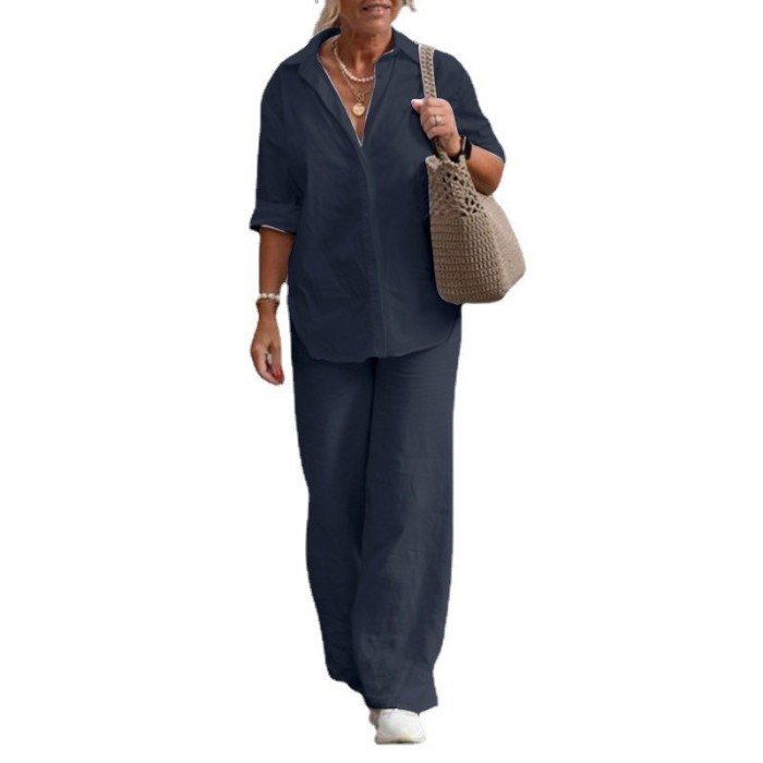 Women's Long Sleeve Shirt Loose Pants Casual Elegant Cotton Linen Two-piece Outfits