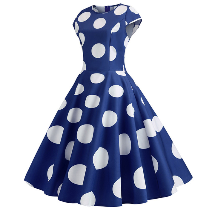 Women Evening Party Prom Polka Dot Printed Elegant Short Sleeve 1950 Vintage Dress