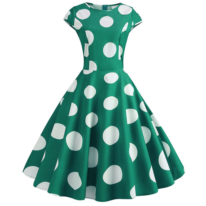 Women Evening Party Prom Polka Dot Printed Elegant Short Sleeve 1950 Vintage Dress