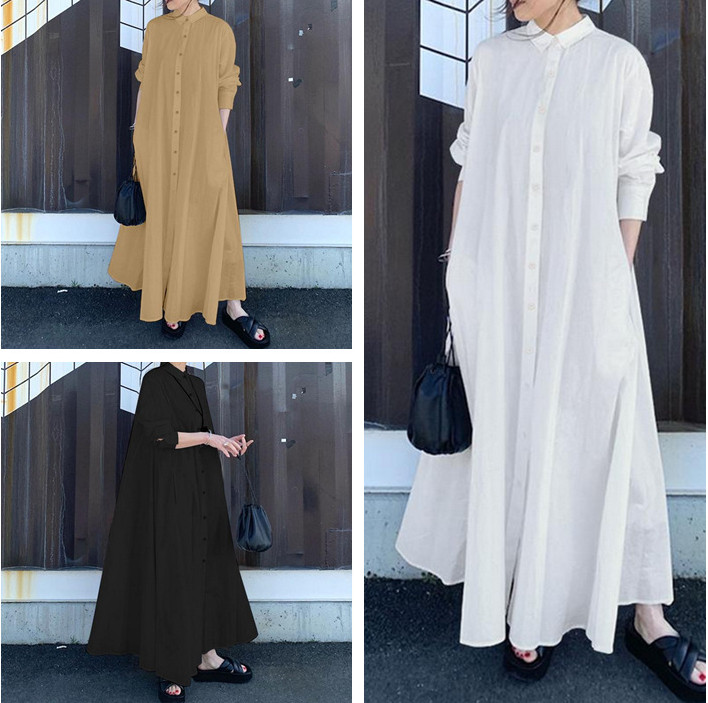 New Commuting Style Solid Color  Long Sleeve Loose Shirt Maxi Dress
