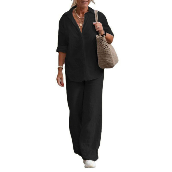 Women's Long Sleeve Shirt Loose Pants Casual Elegant Cotton Linen Two-piece Outfits
