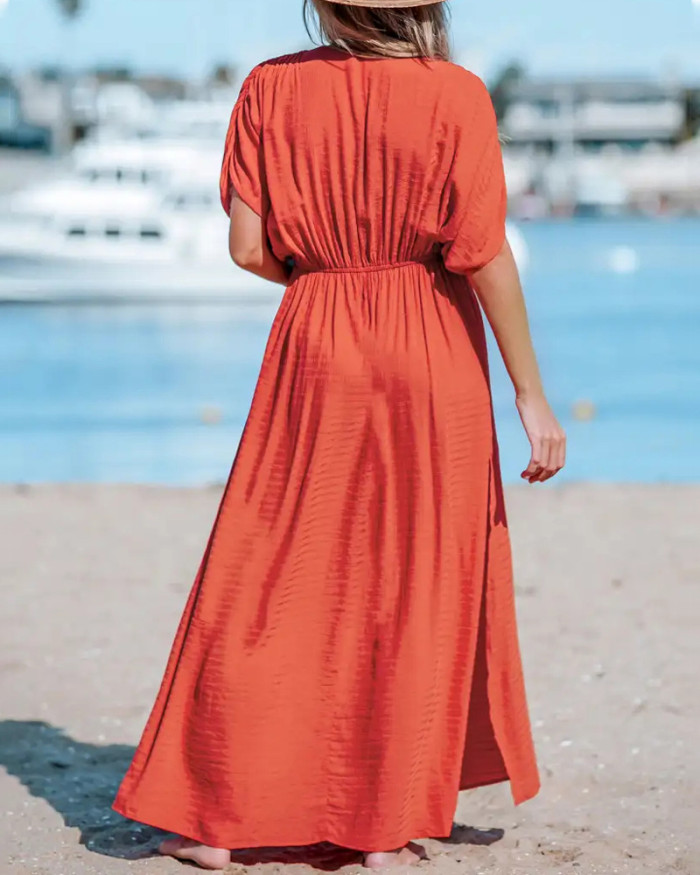 Women Sexy Elasticized Waist Short Sleeve Orange Surplice Ruched Maxi Dress