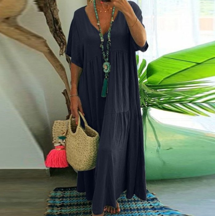 Women V Neck Short Sleeve Casual Loose Solid Color Beach Holiday Long Maxi Dress