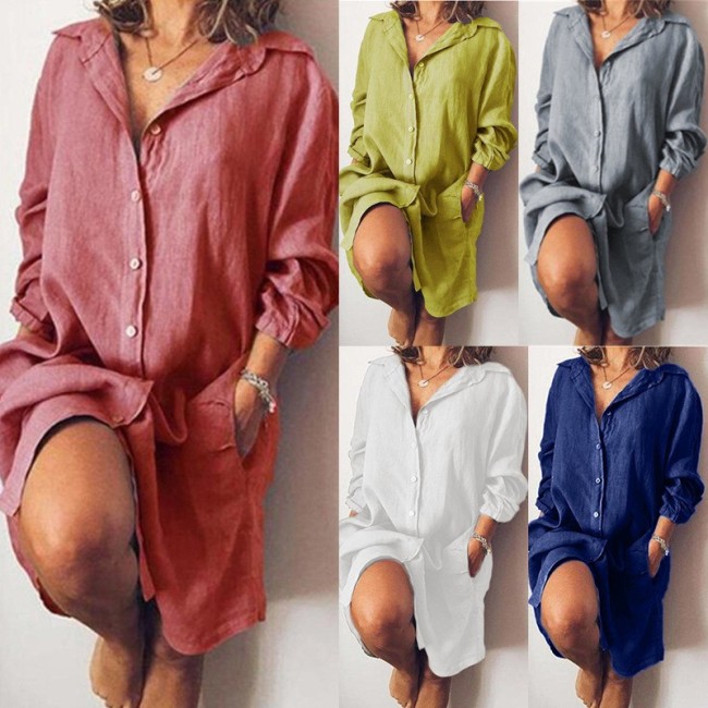 Women Fashion Elegant Solid Color Cotton Linen Loose Knee-Length Long Sleeves Casual Dress