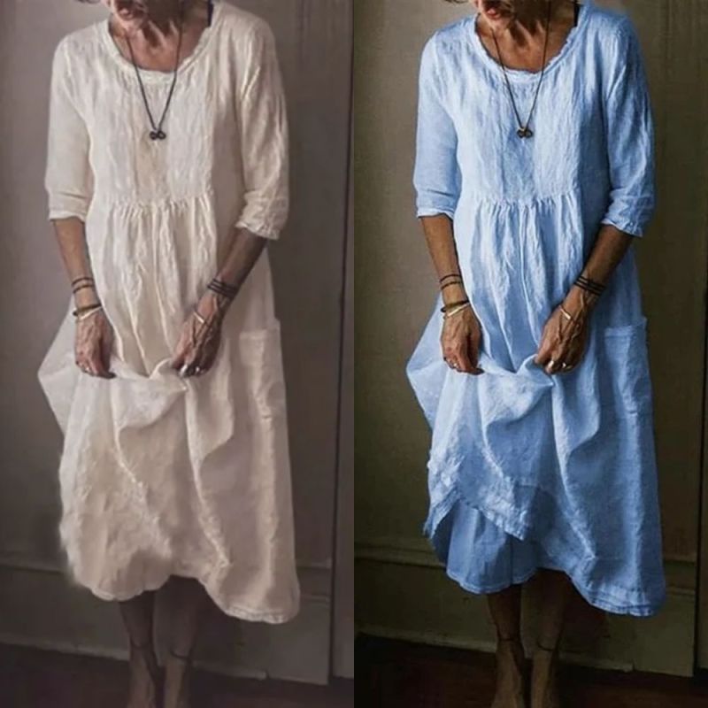 Women Beach Loose Long Sleeve Cotton Linen Vintage Dress