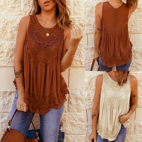 Women Round Neck Loose Casual Pullover Boho Tank T-Shirts