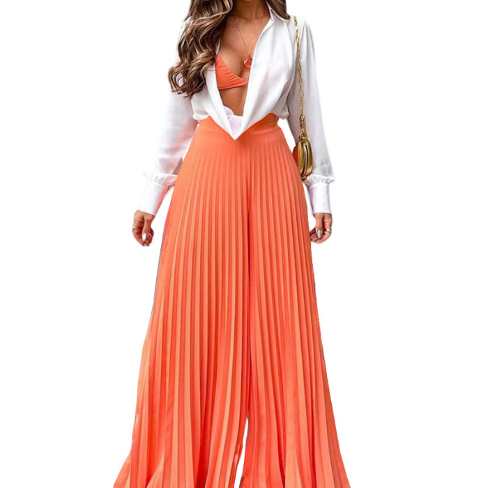 Women New Solid Color Pleated Chiffon Wide-leg Pants