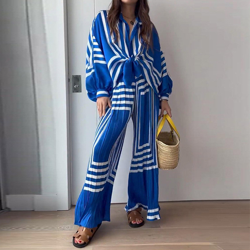 Women Chiffon Stripe Print Loose Long Sleeve Shirt Wide Leg Pants Two-piece Outfits