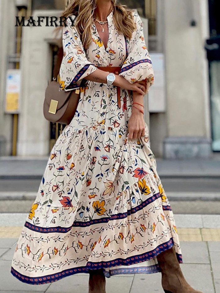 Women Print V Neck Casual Loose Long Sleeve Vintage Maxi Dress