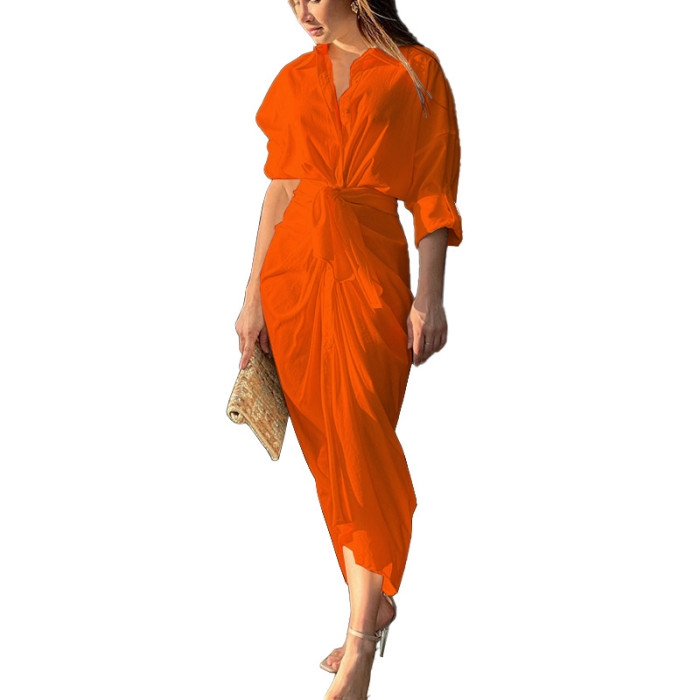Women V Neck Elegant Cotton Fashion Solid Color Side Split Midi Dress