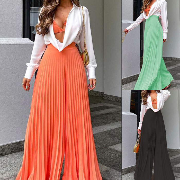 Women New Solid Color Pleated Chiffon Wide-leg Pants