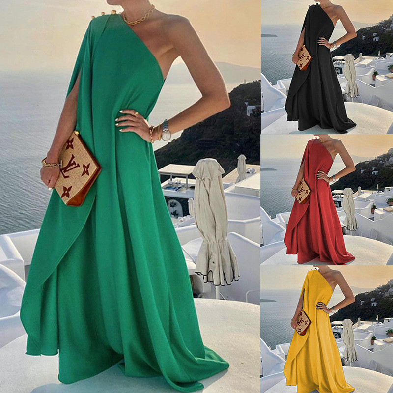 Sexy One Shoulder Elegant Solid Color Loose Sleeveless Maxi Dress