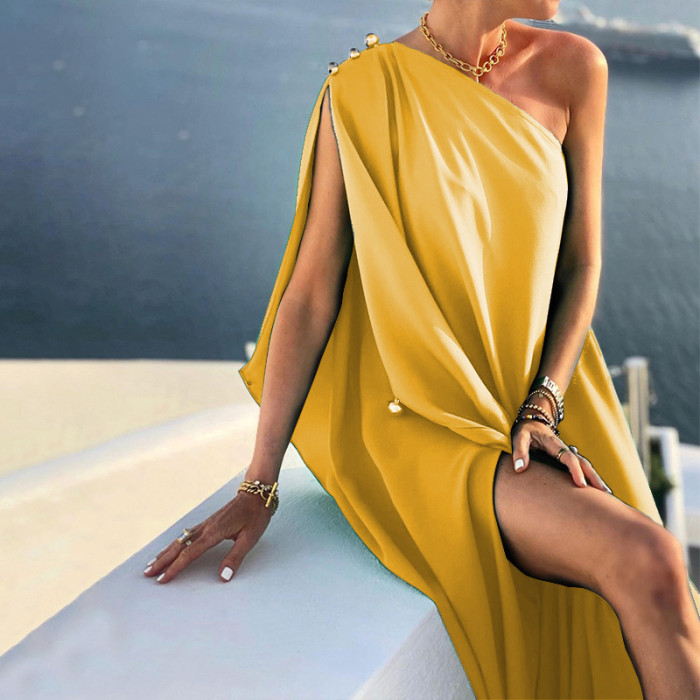 Sexy One Shoulder Elegant Solid Color Loose Sleeveless Maxi Dress