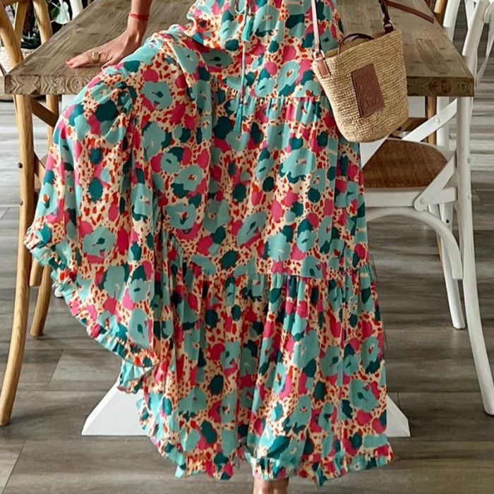 Women Elegant Print Casual V Neck Loose Ruffle Maxi Dress