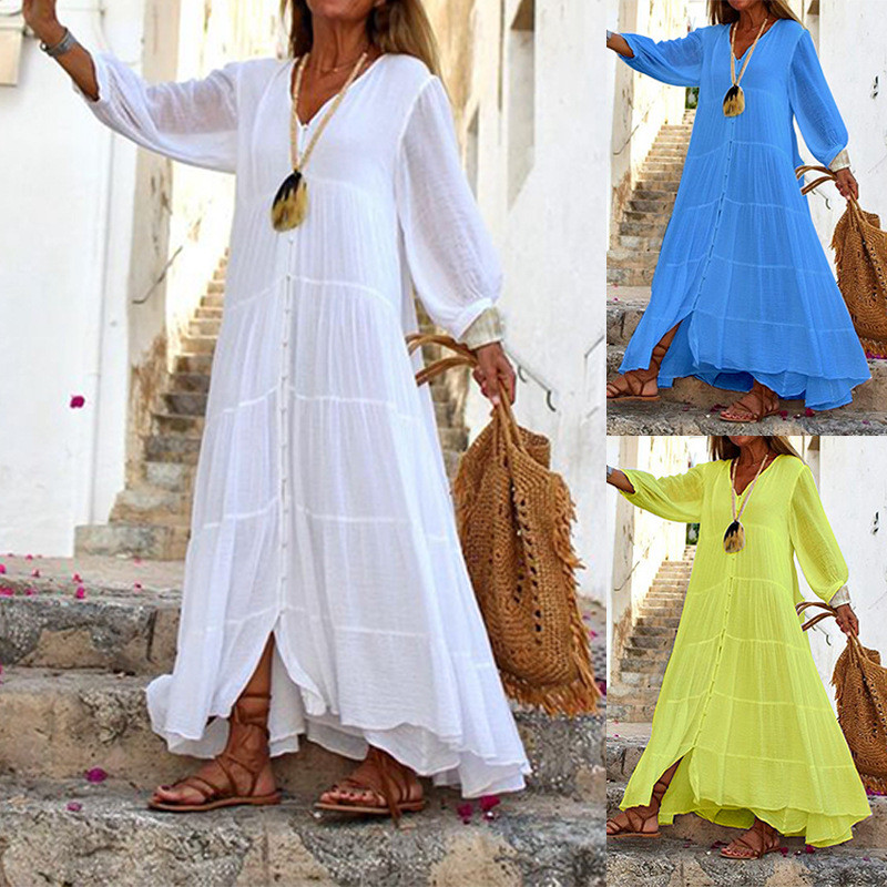 Fashion Solid Color Retro Long-sleeved V-neck Casual Loose Cotton Linen Maxi Dress