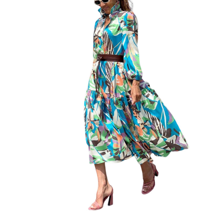 New Women's Fashion Print Lapel Belt Midi Dress