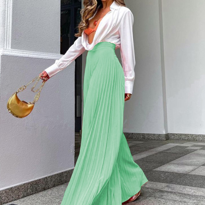 Women New Solid Color Pleated Chiffon Wide-leg Pants