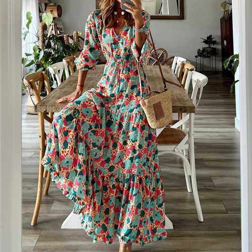 Women Elegant Print Casual V Neck Loose Ruffle Maxi Dress