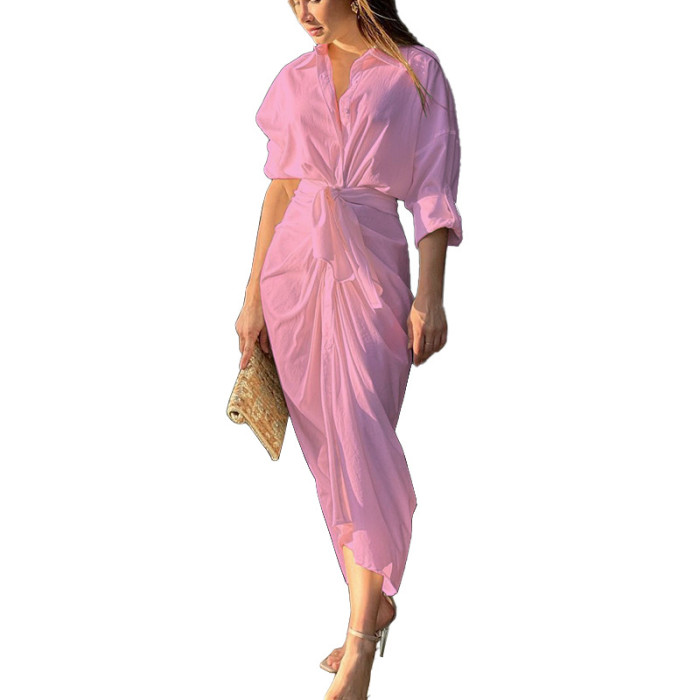 Women V Neck Elegant Cotton Fashion Solid Color Side Split Midi Dress