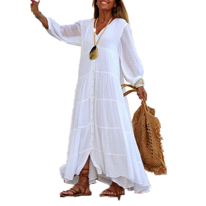 Fashion Solid Color Retro Long-sleeved V-neck Casual Loose Cotton Linen Maxi Dress