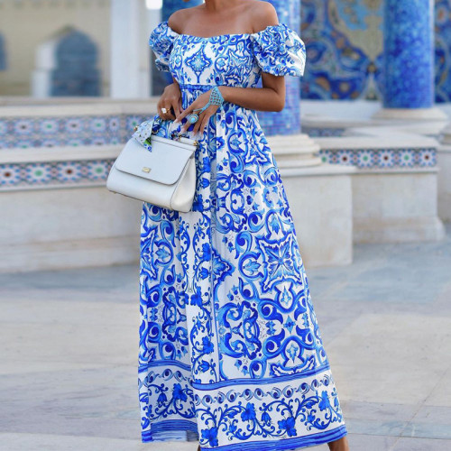 Women Boho Elegant Off Shoulder Print Pleated Maxi Dress