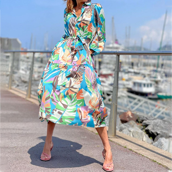 New Women's Fashion Print Lapel Belt Midi Dress