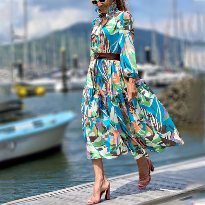 New Women's Fashion Print Lapel Belt Midi Dress