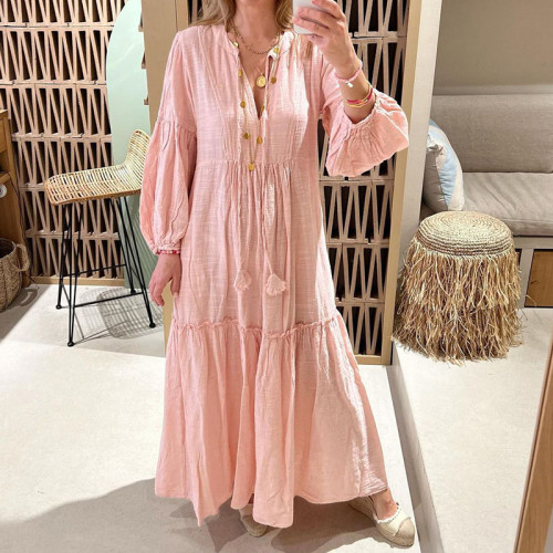 Women Casual Solid Color Long Sleeve O Neck Lace-up Loose Maxi Dress
