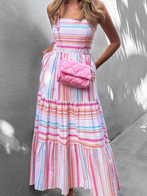 Women Stripe Print Sleeveless Party Maxi Dress