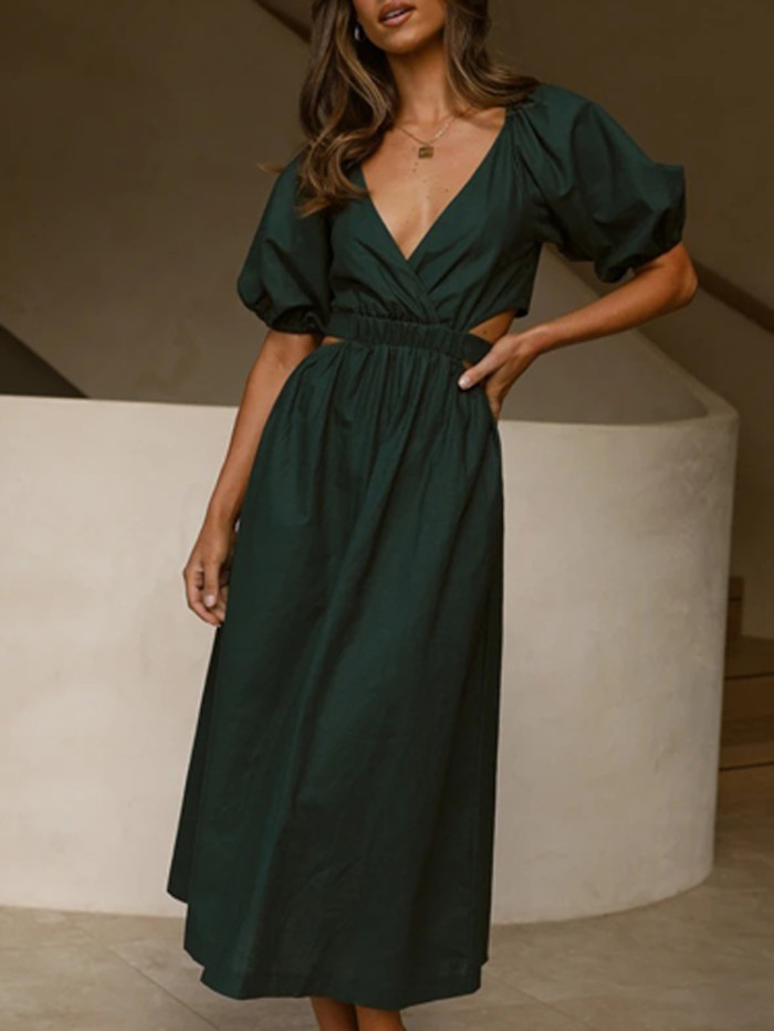 Women Sexy Off Shoulder Solid Lantern Sleeve Backless Maxi Dress