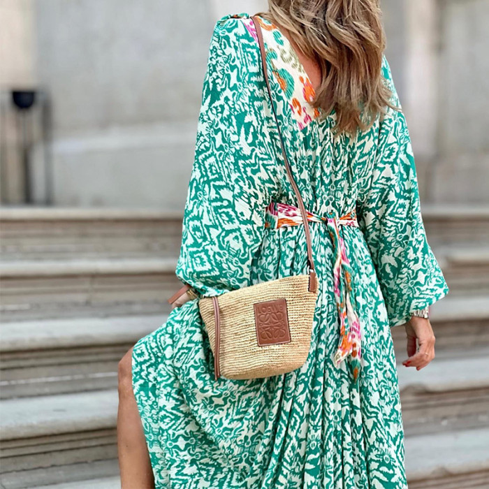 Retro Floral Print Holiday Beach V Neck Boho Puff Sleeve Maxi Dress