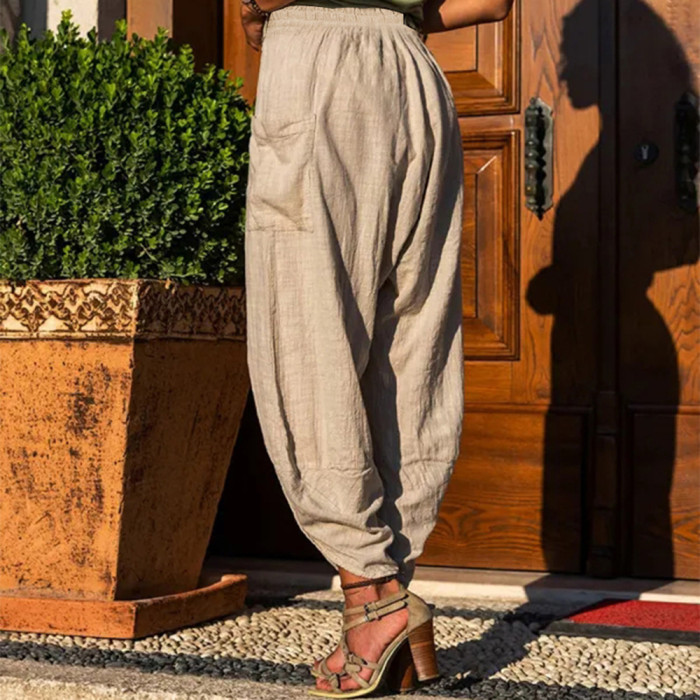 Women Casual Breathable Solid Color Elastic Cotton Linen Wide-leg Pants