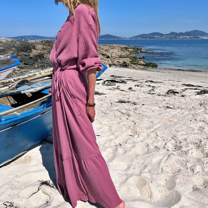 Women Fashion V-neck Long-sleeved Loose Solid Color Maxi Dress