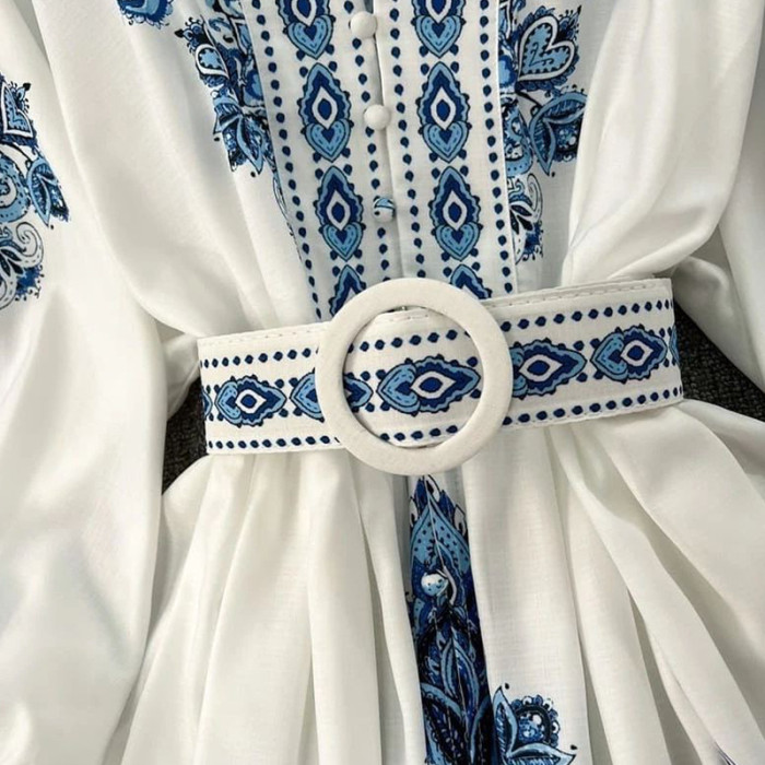 Women Bohemian Print Long Sleeve V Neck Casual Dress