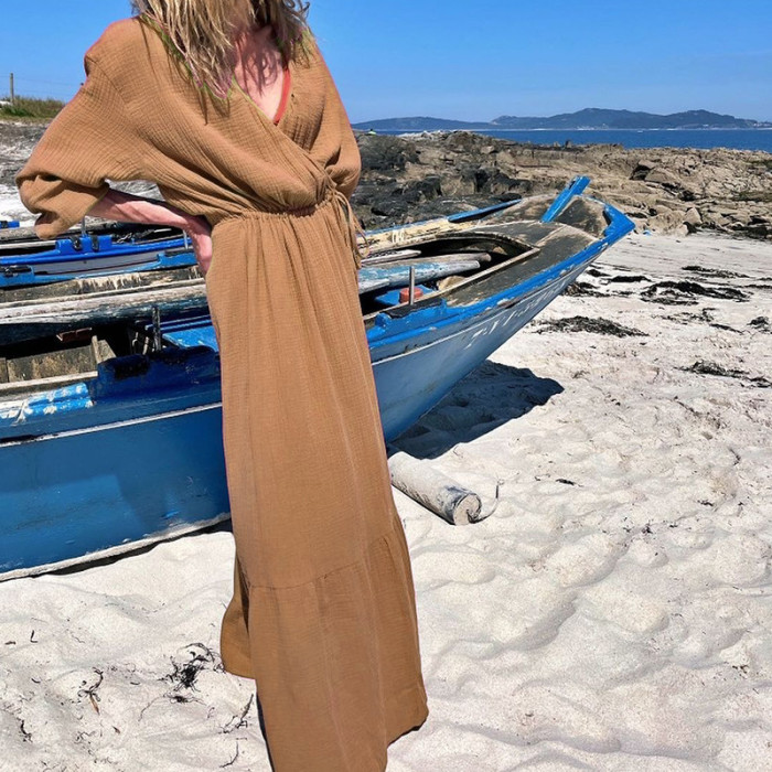 Women Fashion V-neck Long-sleeved Loose Solid Color Maxi Dress