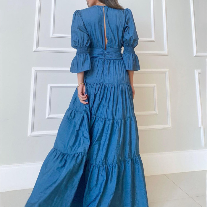 Women Elegant V-neck Casual Solid Fashion Maxi Dress