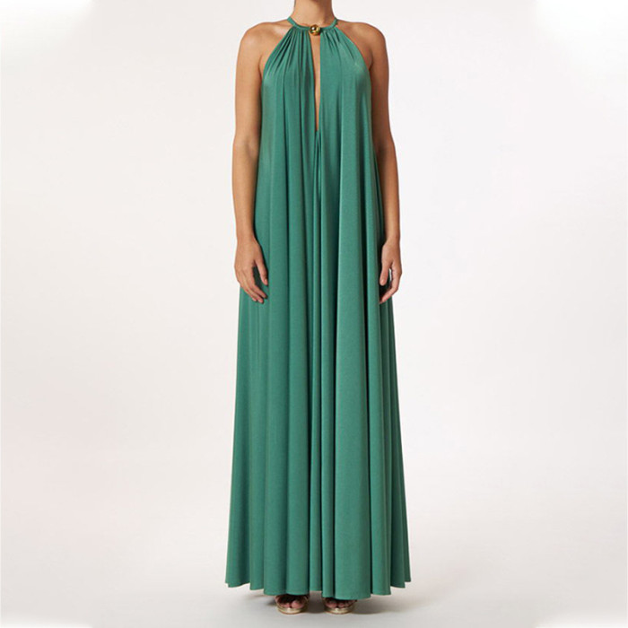 Women Elegant Robe Fashion O-Neck Hollow Sleeveless Casual High Waist Pleated Solid Maxi Dress